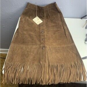 Vtg Jo-O-Kay Suede Cowhide Leather Skirt with Fringe 9/10 Oak Western Fashion
